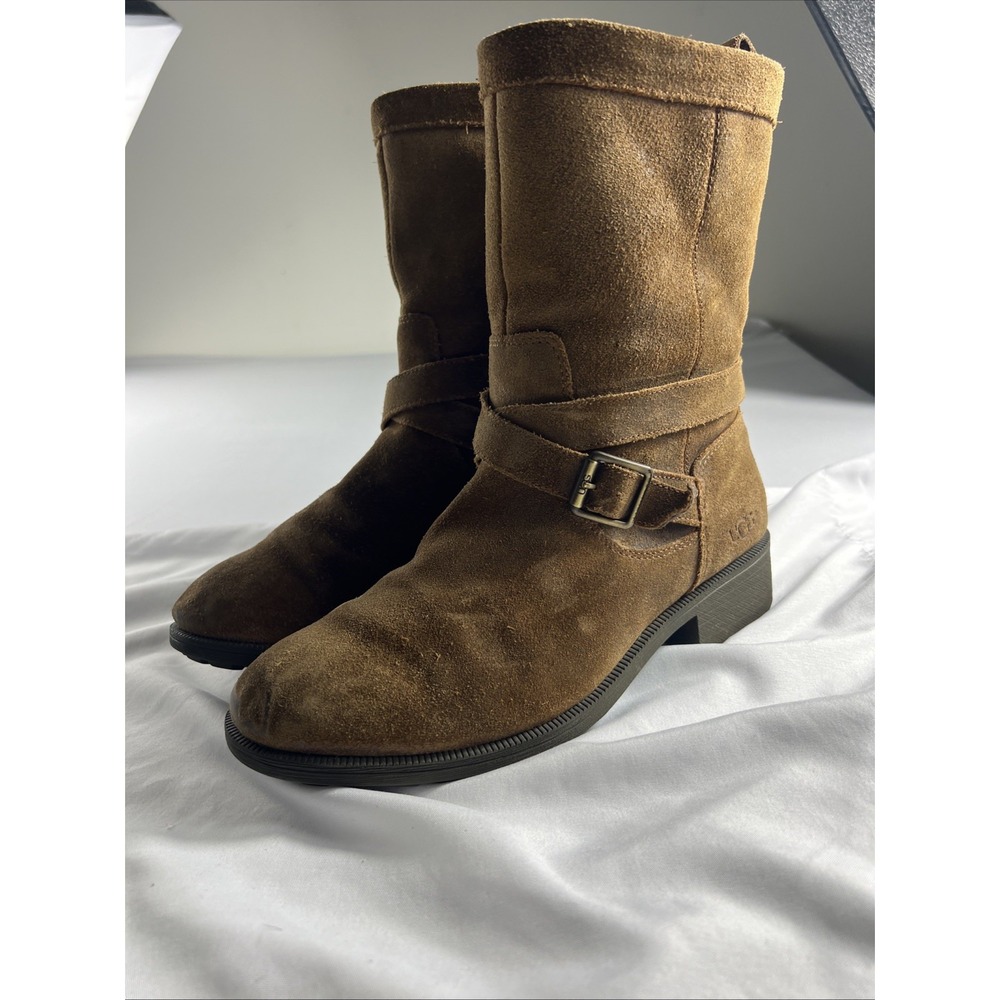 UGG Australia Glendale Chestnut Suede Buckle Mid-Calf Zipper Boots Women's 9.5